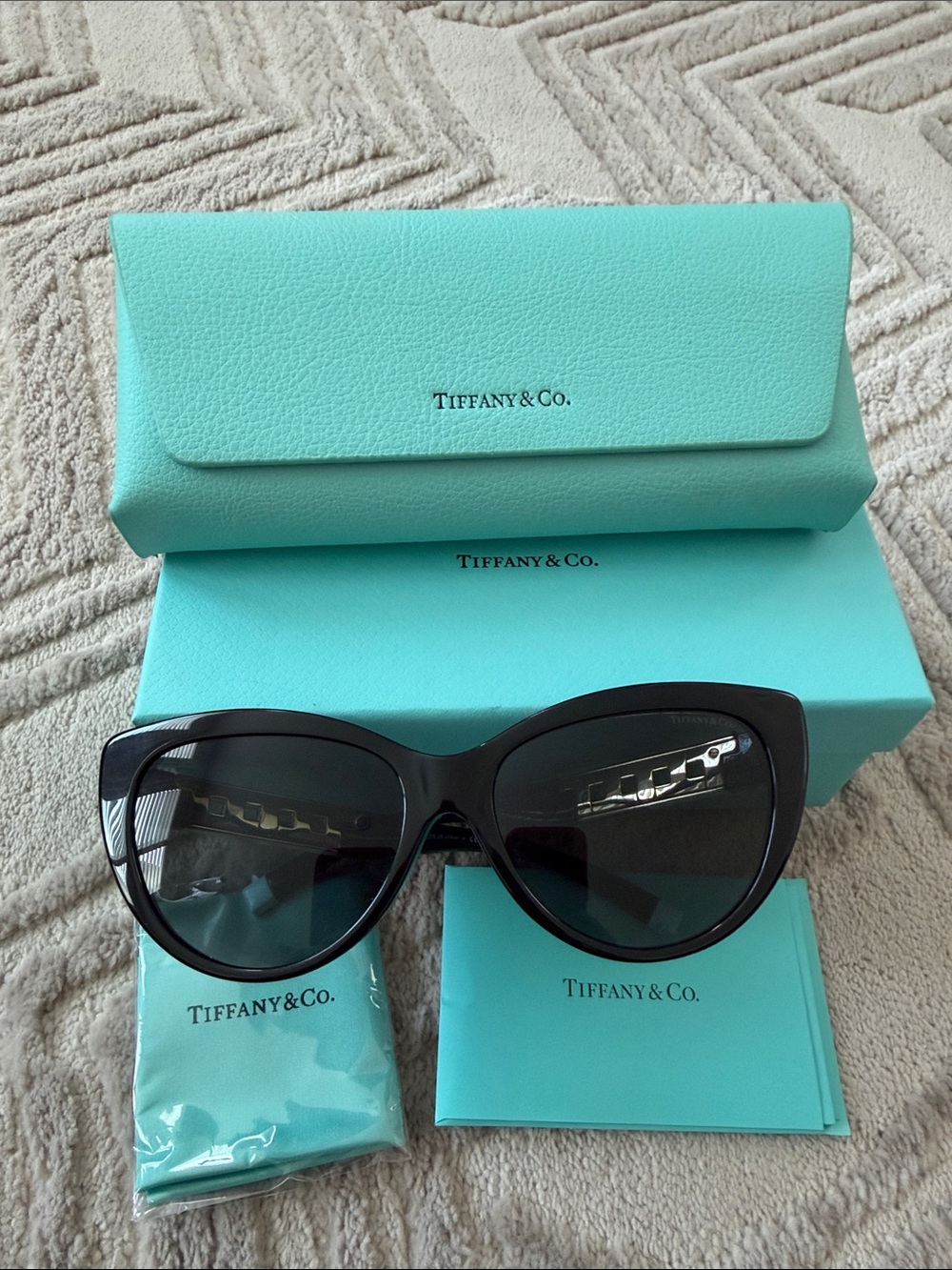Tiffany & Co. Black Cat-Eye Sunglasses with Tiffany Blue Case and Pouch